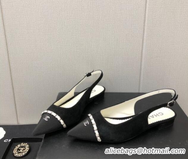 Classic Hot Chanel Suede & Grosgrain Slingback Flat with Chain G39643 Black 022737