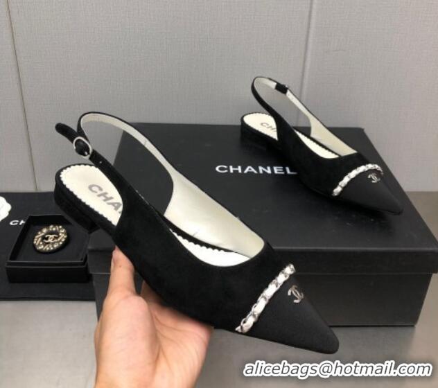 Classic Hot Chanel Suede & Grosgrain Slingback Flat with Chain G39643 Black 022737