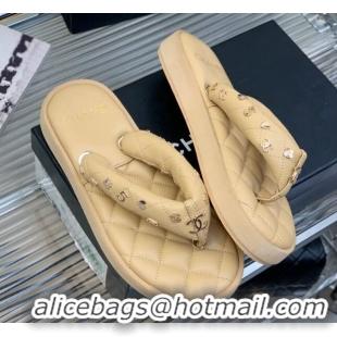 Best Product Chanel Quilted Lambskin Platform Thong Sandals with Charms Beige 022738