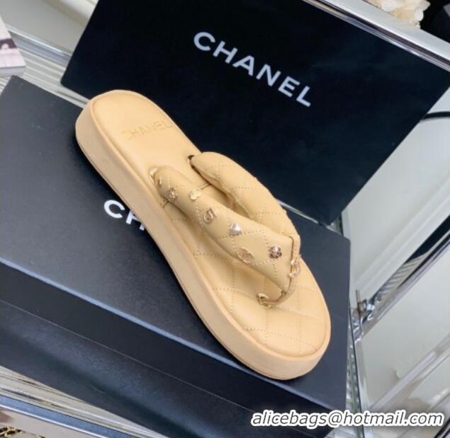 Best Product Chanel Quilted Lambskin Platform Thong Sandals with Charms Beige 022738