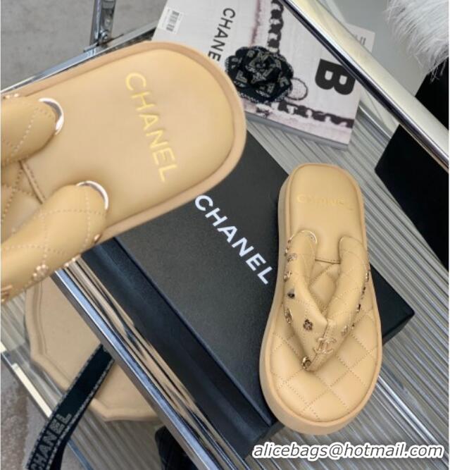 Best Product Chanel Quilted Lambskin Platform Thong Sandals with Charms Beige 022738