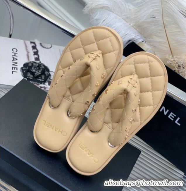 Best Product Chanel Quilted Lambskin Platform Thong Sandals with Charms Beige 022738