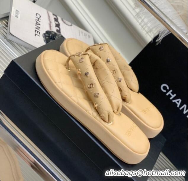 Best Product Chanel Quilted Lambskin Platform Thong Sandals with Charms Beige 022738