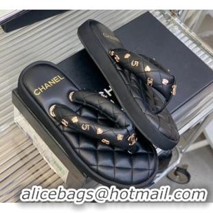 Cheapest Chanel Quilted Lambskin Platform Thong Sandals with Charms Black 022739