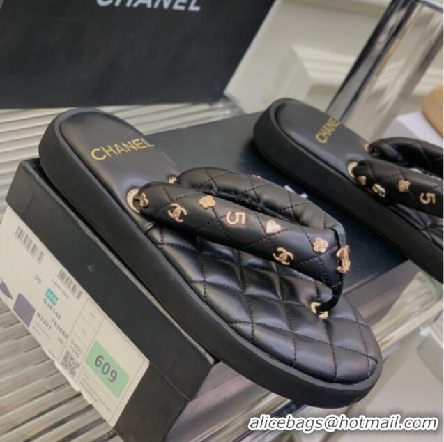 Cheapest Chanel Quilted Lambskin Platform Thong Sandals with Charms Black 022739