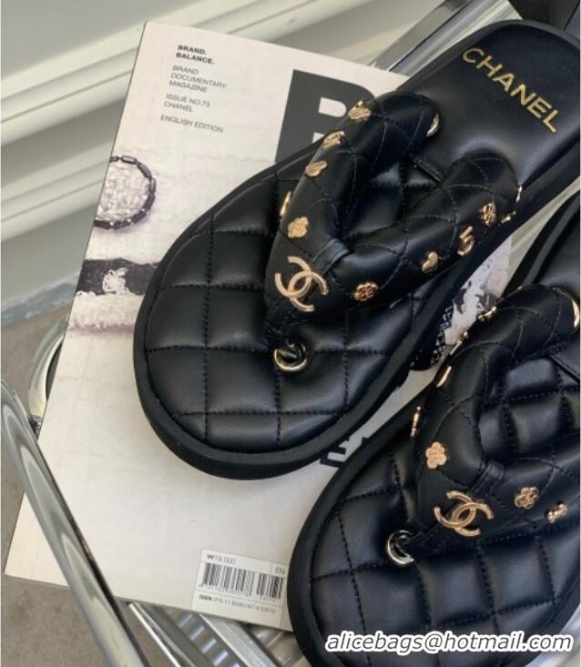 Cheapest Chanel Quilted Lambskin Platform Thong Sandals with Charms Black 022739