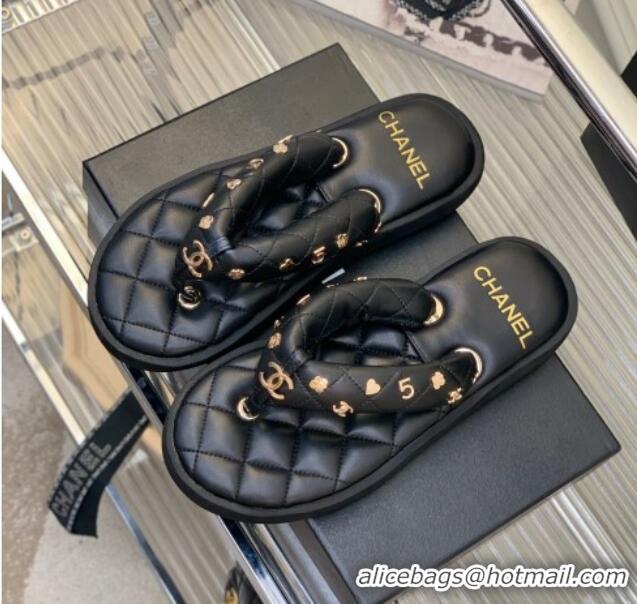 Cheapest Chanel Quilted Lambskin Platform Thong Sandals with Charms Black 022739