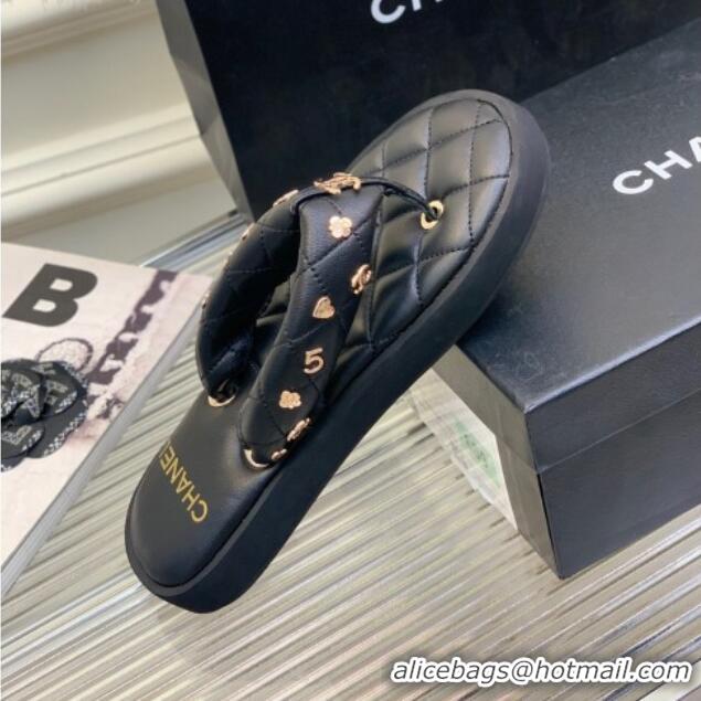 Cheapest Chanel Quilted Lambskin Platform Thong Sandals with Charms Black 022739