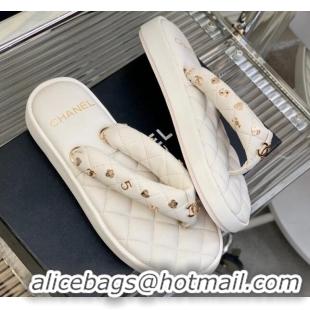 Low Price Chanel Quilted Lambskin Platform Thong Sandals with Charms White 022740