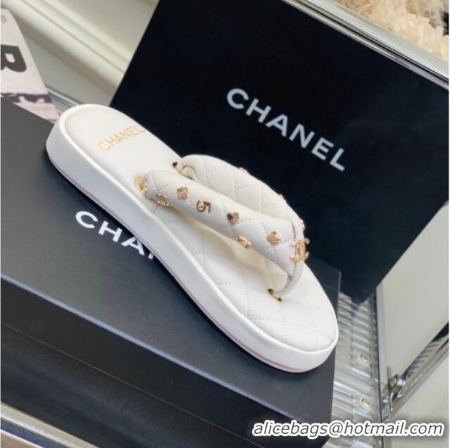 Low Price Chanel Quilted Lambskin Platform Thong Sandals with Charms White 022740