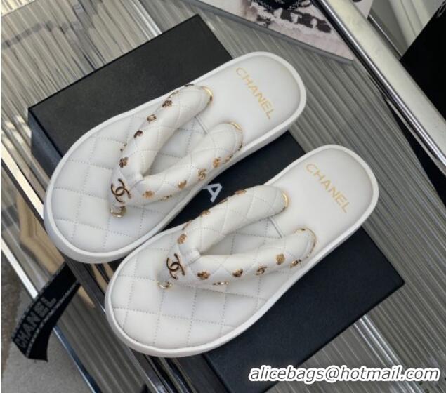 Low Price Chanel Quilted Lambskin Platform Thong Sandals with Charms White 022740