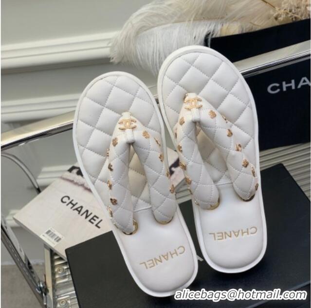 Low Price Chanel Quilted Lambskin Platform Thong Sandals with Charms White 022740