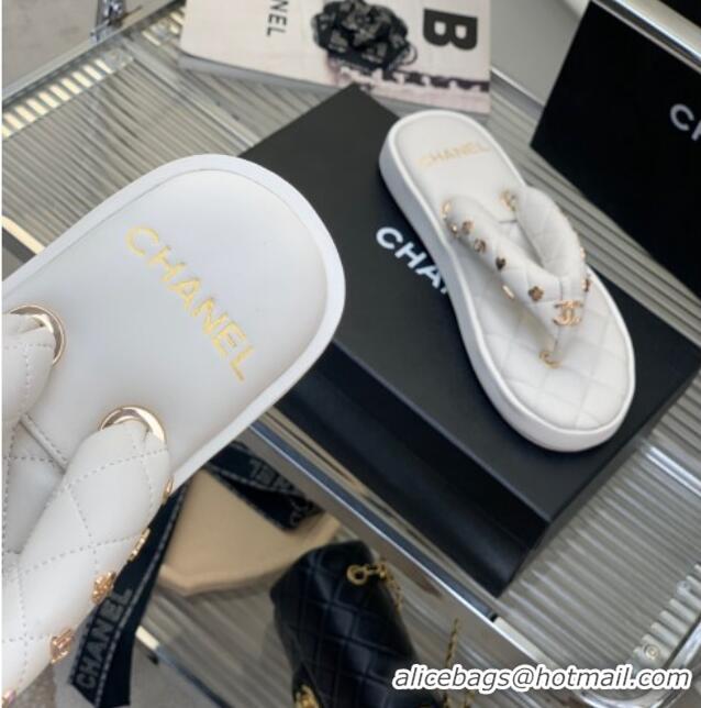 Low Price Chanel Quilted Lambskin Platform Thong Sandals with Charms White 022740