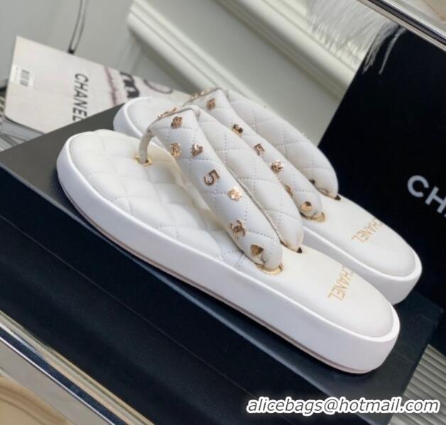 Low Price Chanel Quilted Lambskin Platform Thong Sandals with Charms White 022740