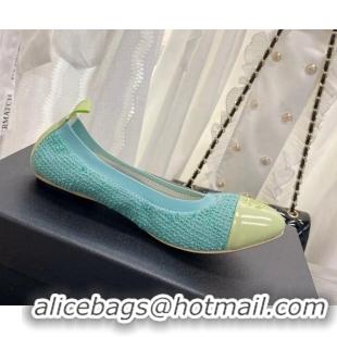 Top Design Chanel Tweed & Leather Ballerinas Blue/Green 022741