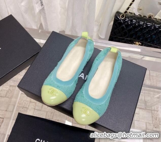 Top Design Chanel Tweed & Leather Ballerinas Blue/Green 022741