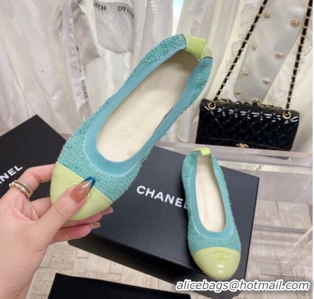 Top Design Chanel Tweed & Leather Ballerinas Blue/Green 022741