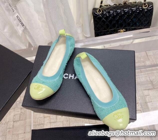 Top Design Chanel Tweed & Leather Ballerinas Blue/Green 022741