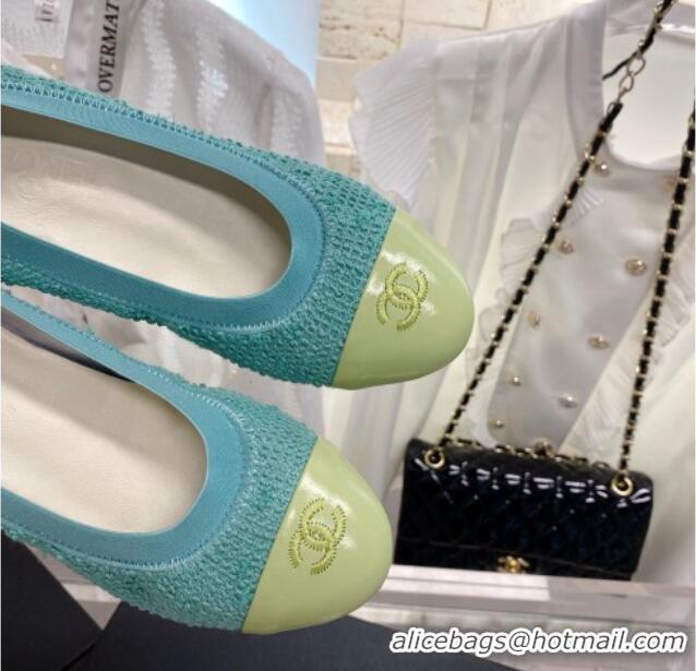 Top Design Chanel Tweed & Leather Ballerinas Blue/Green 022741