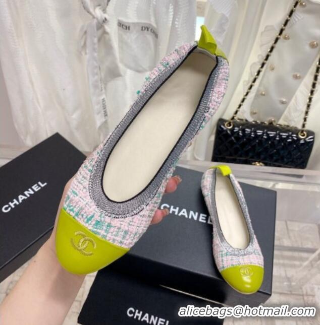 Shop Duplicate Chanel Tweed & Leather Ballerinas Pink/Green 022747