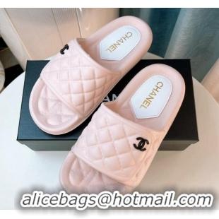 Classic Hot Chanel Quilted Leather Foldover Flat Slide Sandals Light Pink 022748