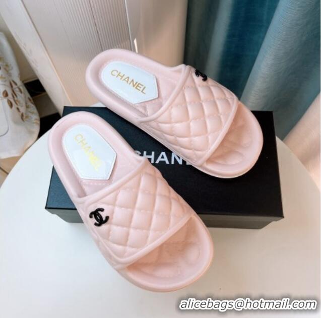 Classic Hot Chanel Quilted Leather Foldover Flat Slide Sandals Light Pink 022748