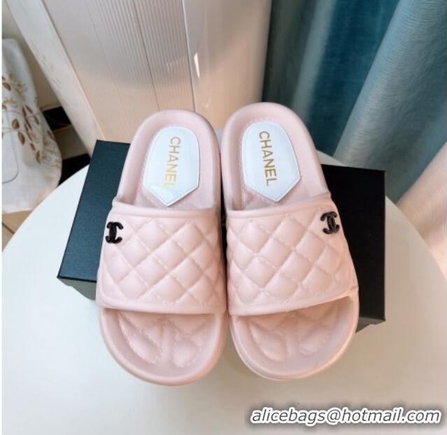 Classic Hot Chanel Quilted Leather Foldover Flat Slide Sandals Light Pink 022748