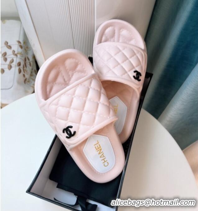 Classic Hot Chanel Quilted Leather Foldover Flat Slide Sandals Light Pink 022748