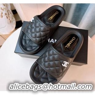 Stylish Chanel Quilted Leather Foldover Flat Slide Sandals 022748 Black