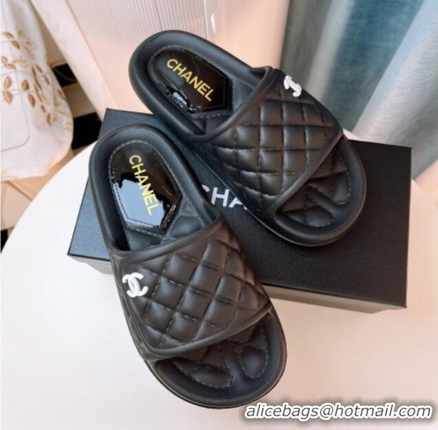 Stylish Chanel Quilted Leather Foldover Flat Slide Sandals 022748 Black