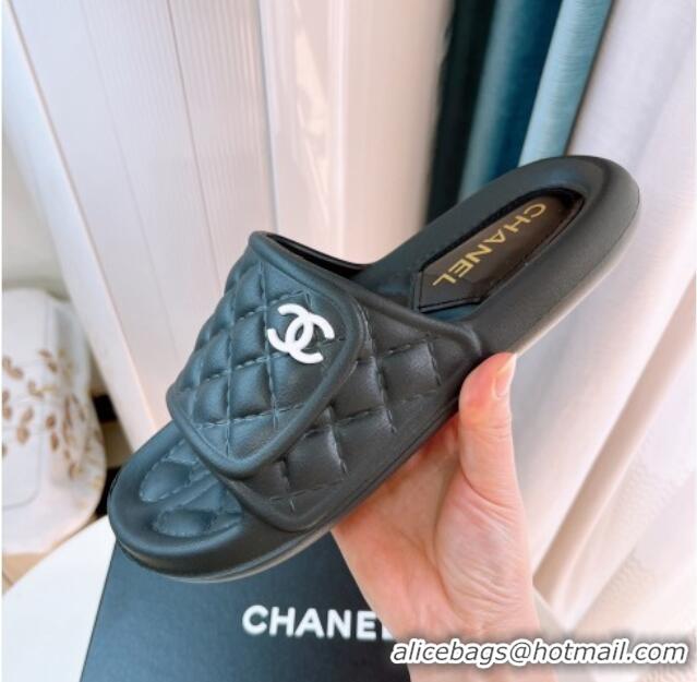 Stylish Chanel Quilted Leather Foldover Flat Slide Sandals 022748 Black