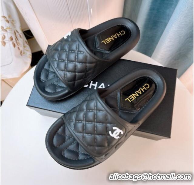 Stylish Chanel Quilted Leather Foldover Flat Slide Sandals 022748 Black