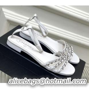 Hot Style Chanel Lambskin Flat Sandals with Chain White 022801