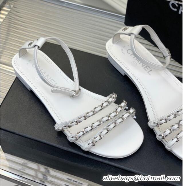 Hot Style Chanel Lambskin Flat Sandals with Chain White 022801