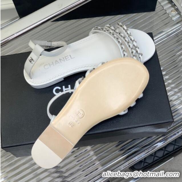 Hot Style Chanel Lambskin Flat Sandals with Chain White 022801