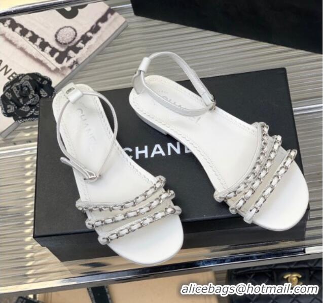 Hot Style Chanel Lambskin Flat Sandals with Chain White 022801