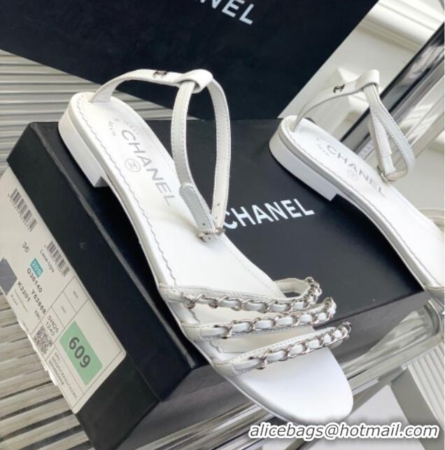 Hot Style Chanel Lambskin Flat Sandals with Chain White 022801