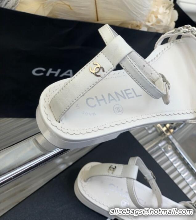 Hot Style Chanel Lambskin Flat Sandals with Chain White 022801