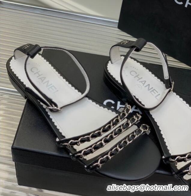 Best Grade Chanel Lambskin Flat Sandals with Chain Black 022802