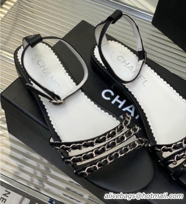 Best Grade Chanel Lambskin Flat Sandals with Chain Black 022802