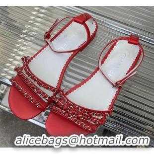 Fashion Chanel Lambskin Flat Sandals with Chain Red 022803