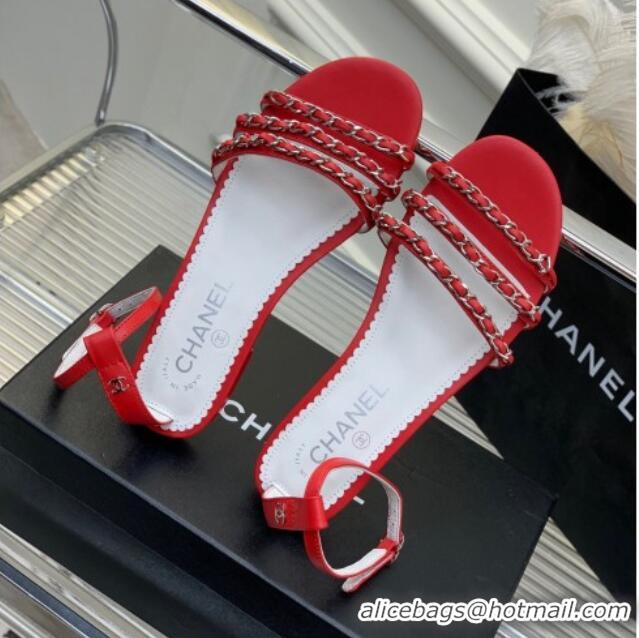 Fashion Chanel Lambskin Flat Sandals with Chain Red 022803