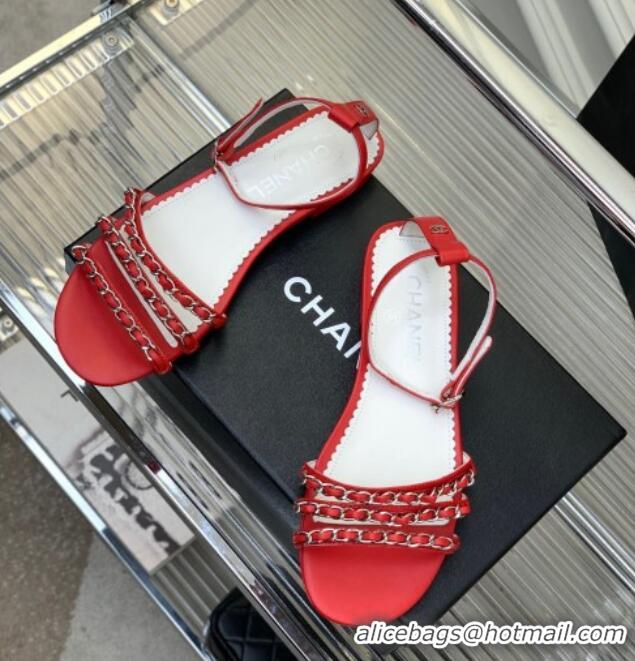 Fashion Chanel Lambskin Flat Sandals with Chain Red 022803