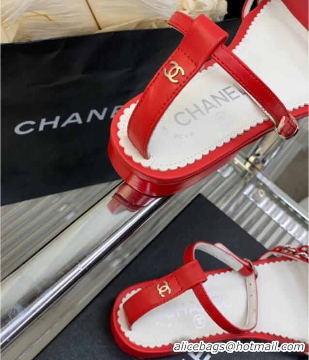 Fashion Chanel Lambskin Flat Sandals with Chain Red 022803