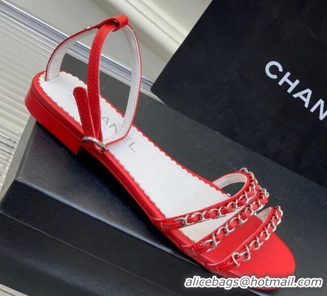 Fashion Chanel Lambskin Flat Sandals with Chain Red 022803