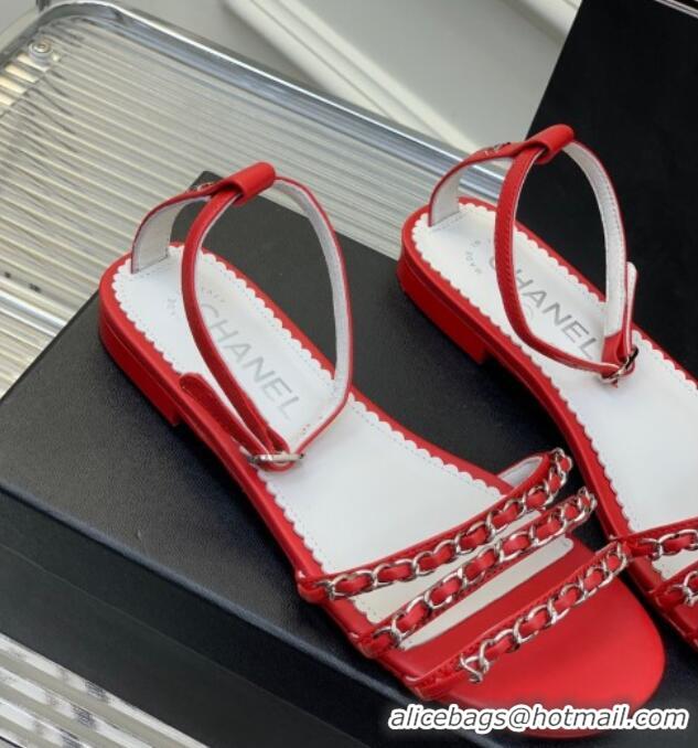 Fashion Chanel Lambskin Flat Sandals with Chain Red 022803