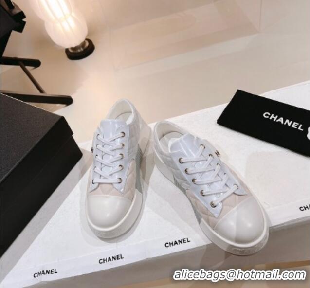 Famous Chanel Quilted Canvas and Leather Sneakers White 022804