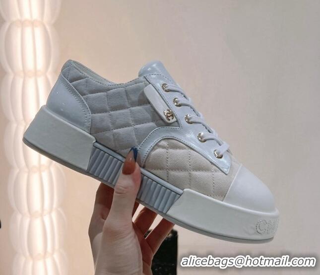 Famous Chanel Quilted Canvas and Leather Sneakers White 022804