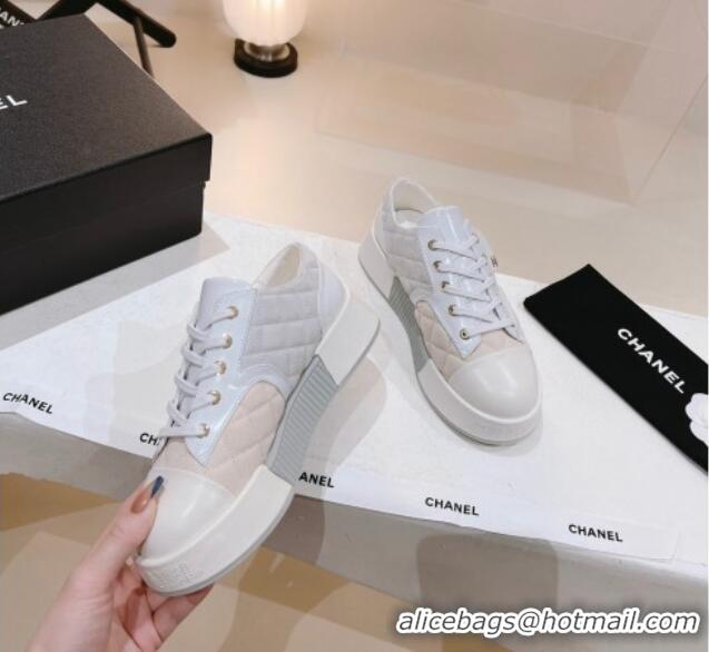 Famous Chanel Quilted Canvas and Leather Sneakers White 022804