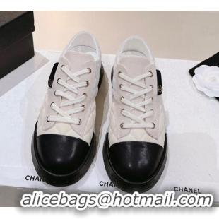 Grade Quality Chanel Quilted Canvas and Leather Sneakers Light Beige 022805